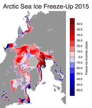 Figure 5. This images shows freeze-up anomalies in the Arctic for 2015. Reds indicate areas where freeze-up began later than average and blues indicate freeze-up beginning earlier than average. Credit: National Snow and Ice Data Center, data provided by J. Miller/T. Markus, NASA Goddard Space Flight Center High-resolution imag